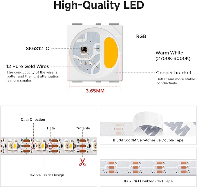 BTF-LIGHTING SK6812(Similar WS2812B) UL Listed RGBW RGB+Warm White(3000K) Individually Addressable DC12V 16.4FT 60LED/m 4 Colors in 1 Light Dream LED Strip IP30 White PCB(No Adapter or Controller)