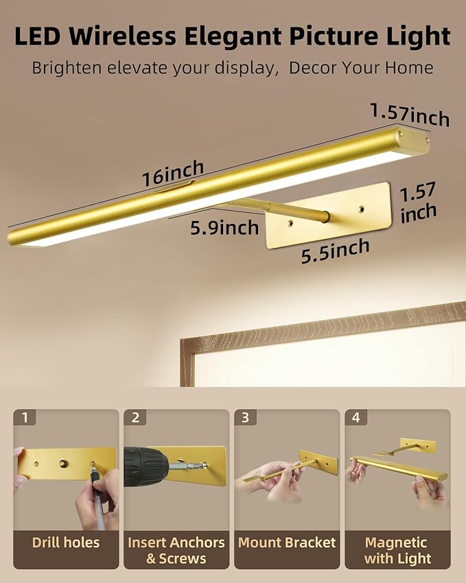 EZVALO Picture Light for Wall, 4800mAh Rechargeable Wireless Remote, 16in Dimmable Magnetic LED Art Display Light with 3 Color Temperatures, for Gallery, Living Room, Bedroom, Hallway (Gold)