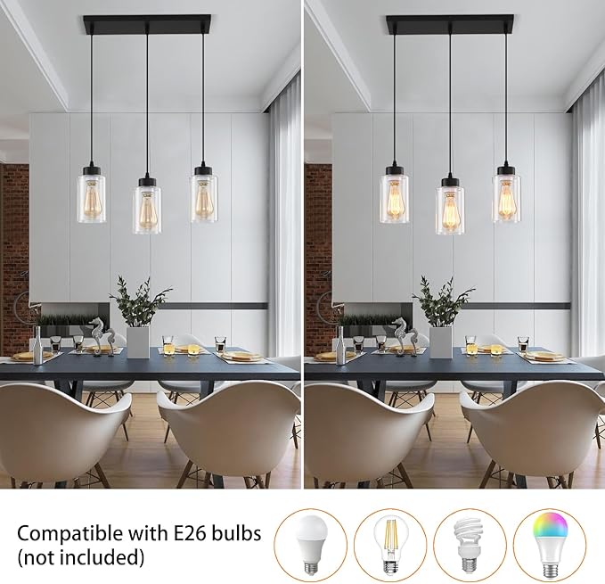 Black Chandelier,Farmhouse Light Fixtures Over Table, Dining Room Light Fixture Kitchen Island Lighting Chandeliers,Modern Pendant Light with Clear Glass Shade,Industrial Hanging Lighting