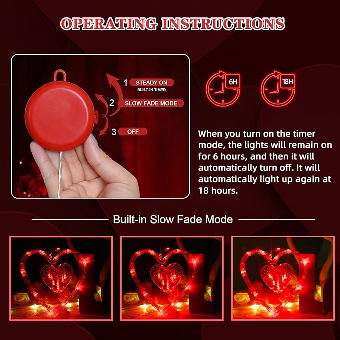 LOLStar 3 Pack Valentines Day Window Lights Decor with Timer, Battery Operated Red Heart-Shaped Window Decorations Silhouette Sucker LED Lamp Slow Fade Mode Hanging Lights for 2026 Holiday Indoor Home