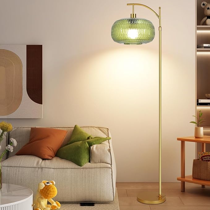 Green Floor Lamp for Living Room,Bedroom,Gold Dimmable Standing Lamp with Remote,Mid Century Modern Brass Tall Lamp Boho Floor Lamps Arc Stained Glass Floor Light Lamp Girls Bohemian