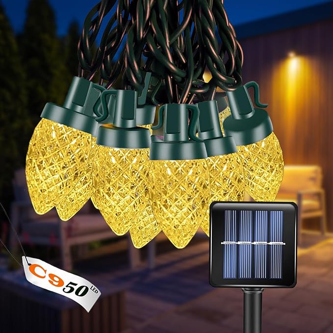 C9 Solar Powered LED Christmas String Lights 50 LED Waterproof Strawberry Light with 8 Mode Green Wire Lighting for Outside Patio Wedding Party Decor