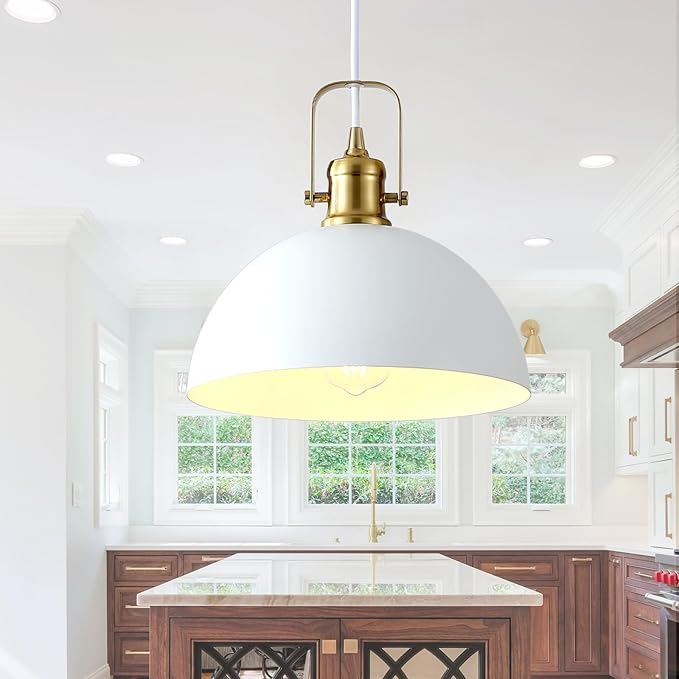 Kitchen Pendant Lighting Over Island 2 Pack, Modern White Gold Metal Pendant Lights, Ceiling Hanging for Kitchen Living Dining Room Restaurant Hallway Entrance