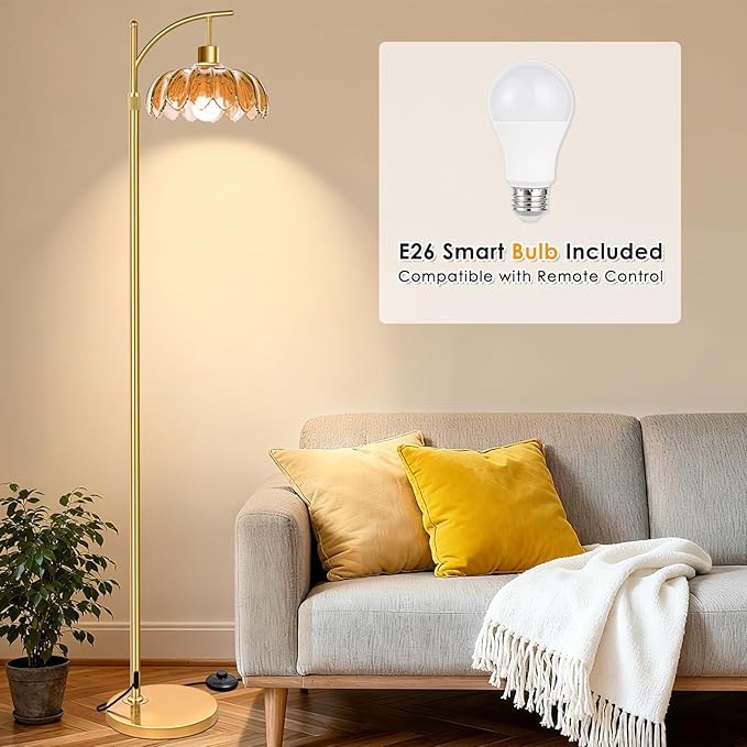 Arc Floor Lamp with Remote: Dimmable LED Gold Floor Lamps for Living Room Bedroom Office, Vintage Flower Adjustable Tall Reading Lamps Floor Standing for Housewarming Gifts