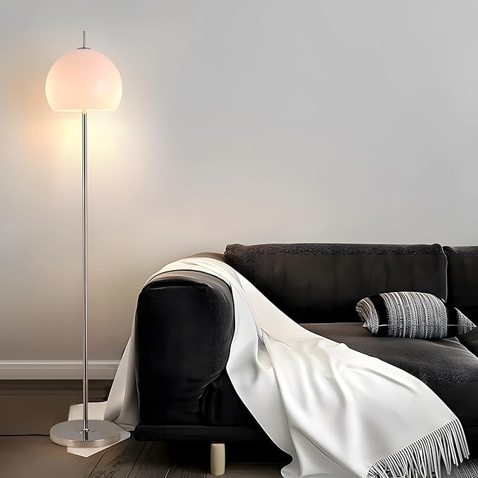 Bofea-White Floor Lamps for Living Room,Modern Milk Glass Standing Lamp with Foot Switch,3 Color Temperature Couch Reading Floor Lamp,Nightstand Light,Chrome Pole Tall Lamp,Mushroom Lights for Bedroom