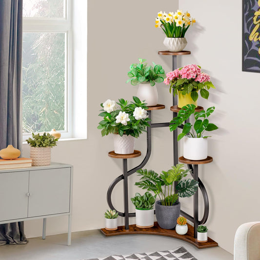 LOENIY 6-Tier Corner Plant Stand, Indoor Plant Stand with L-shaped Base, Aesthetic Metal Plants Shelf for Multiple Plants Flower Pot, MDF Outdoor Plant Holder for Patio Balcony (Rustic Brown)