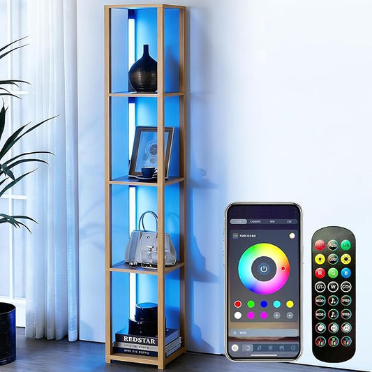 RGBCW Floor Lamp, Smart Modern Floor Lamp with Music Sync, Color Changing Corner Display Shelf Lamp, Standing Lamp with Shelves for Living Room and Bedroom, Office, Home Décor