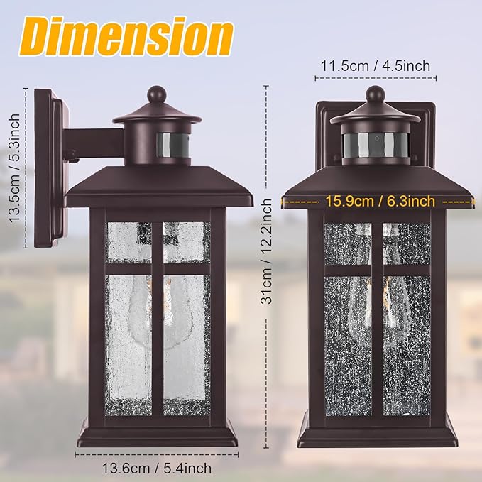 Updated Dusk to Dawn Porch Light, Exterior Light Fixtures Wall Mount Oil Rubbed Bronze, Porch Lights Dusk Dawn Bronze, with E26 Sockets & Tempered Glass, Dusk till Dawn Outdoor Lighting Fixture