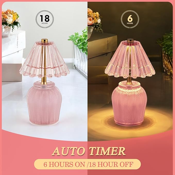 Small Battery Operated Lamp with Timer, Tiny Cordless Glass Table Lamp for Home Decor, Kitchen, Bathroom, Birthday Gift for Women, Cream Pink