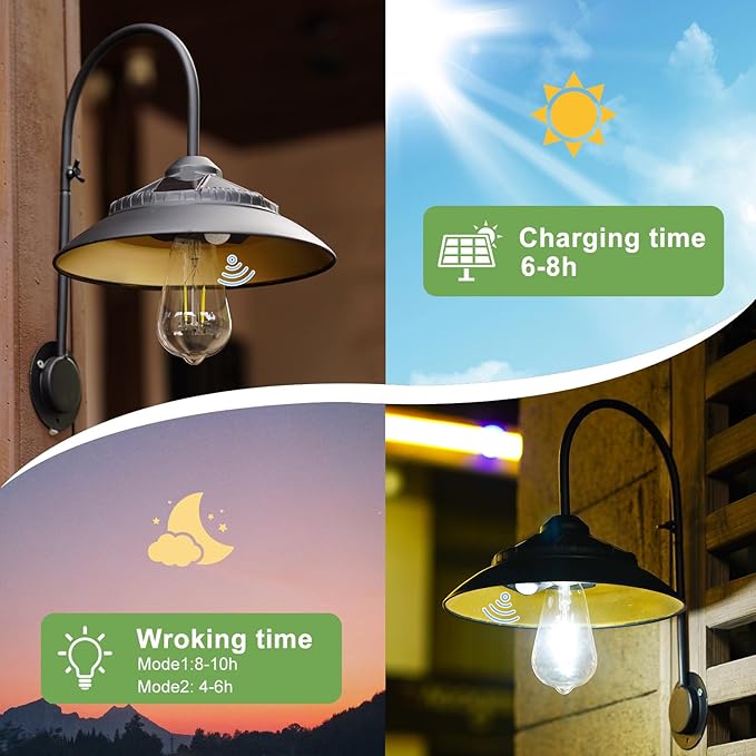 Solar Lights Outdoor Waterproof - with Motion Sensor Solar Barn Lights Outdoor Wireless LED Sconce Light for Patio Yard Garage Chicken Coop & Shed Farmhouse（Black 2P）