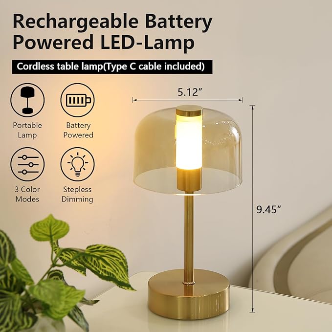 2-Pack Portable USB-Rechargeable Cordless Modern Table Lamp,Touch Dimmable Small Atmosphere Lamp, 4000mAh Battery Operated Lamp,Gold LED Night Light for Any Space