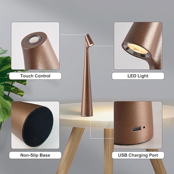 Cordless Small Table Lamps Set of 2,3 Levels Brightness Portable Desk Lamp,Rechargeable Battery Lights for Outdoor, Restaurant, Bedside, Baby Night Light,Gifts(Brown)