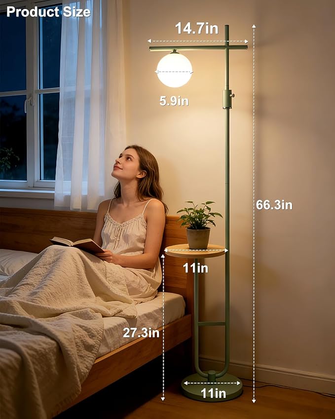 Lightdot Floor Lamps with Storage Table 66IN Black Dimmable, Modern Standing Tall Lamp with Milky White Globe Lampshade, Cross-Shaped Lamp Head and U-Pole Base Style for Living Room/Bedroom/Office