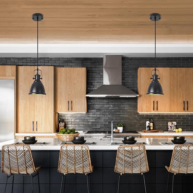 Black Pendant Light 2 Pack, Farmhouse Pendant Light, 6.5 inches Kitchen Island Lighting, Industrial Pendant Light Fixtures, Black Pendant Lights Kitchen Island Dining Room Bedroom