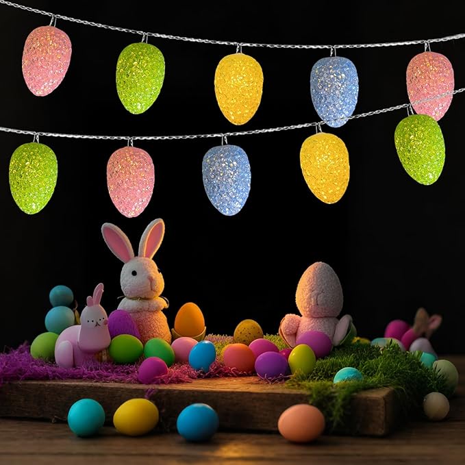 Easter String Lights Battery Operated 7Ft 10 LED Pastel Egg Lights Shatterproof with Timer, Indoor Outdoor Decorations Egg Light String for Party Garden Home Spring Themed Tree Easter Decor