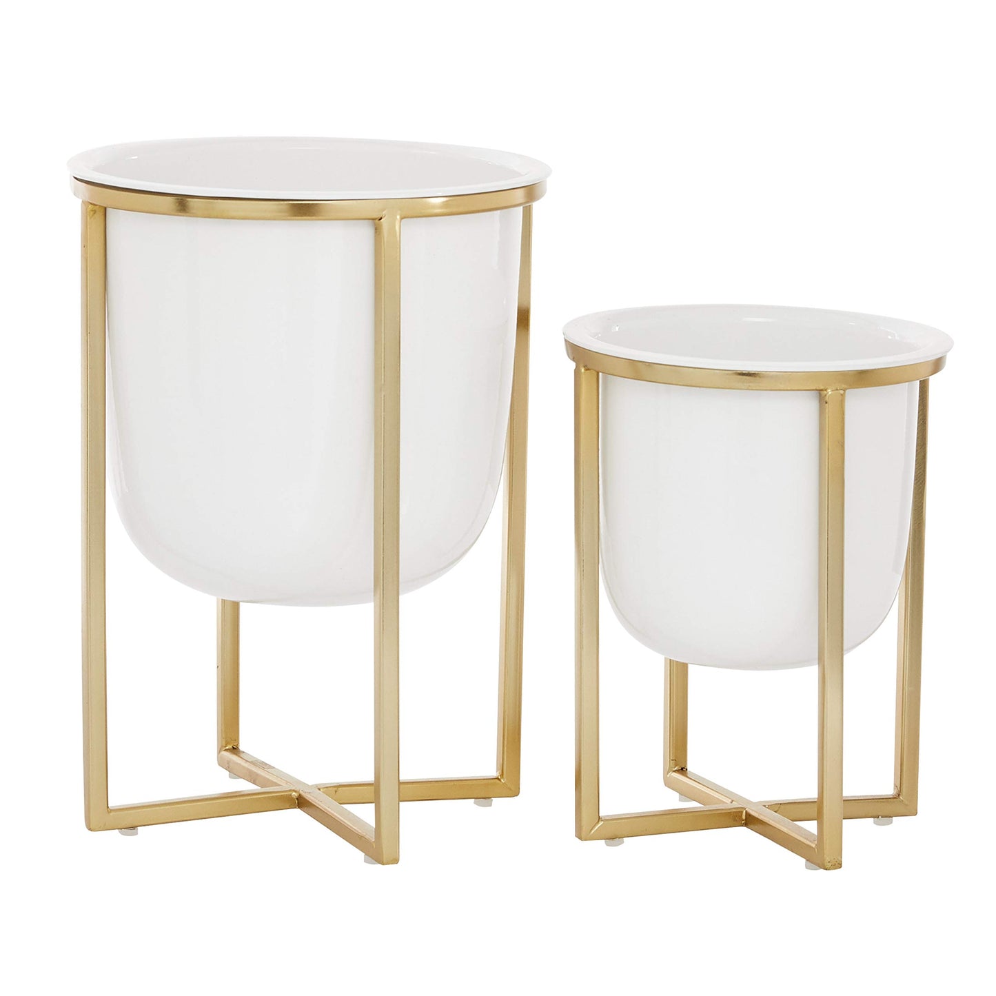 CosmoLiving by Cosmopolitan Metal Indoor Outdoor Planter Dome Small Planter Pot with Gold X-Shaped Stands, Set of 2 Planters 12", 10"H, White