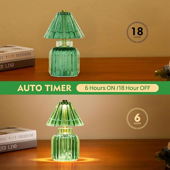 Small Battery Operated Lamp with Timer, Tiny Cordless Glass Table Lamp for Home Decor, Kitchen, Bathroom, Birthday Gift for Women, Jelly Green