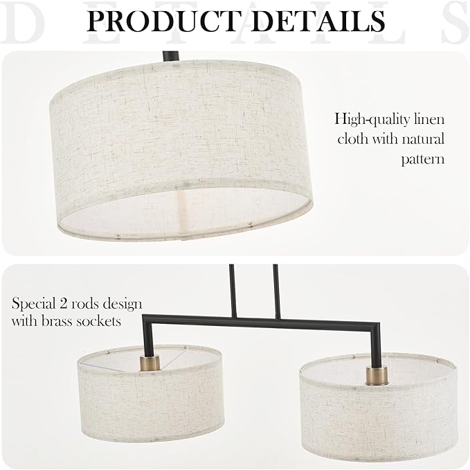 39” Modern Chandelier Off-White Fabric Shade 2-Lights Adjustable Industrial Pendant Light Large Farmhouse Contemporary Pendant Lighting Fixtures for Dining Living Room Kitchen, UL Listed