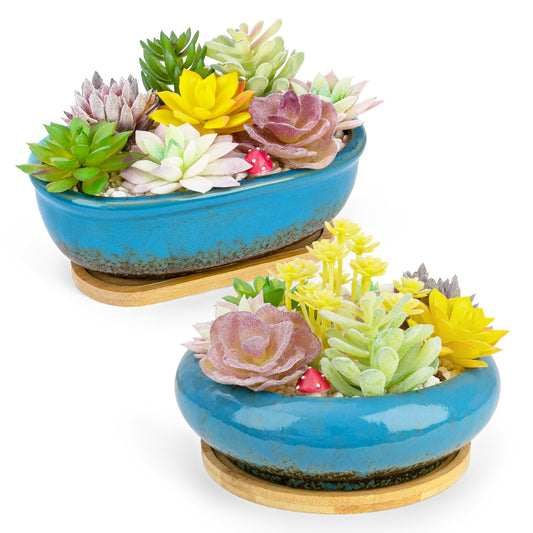 Succulent Pots, 1 Rectangle Planter + 1 Ceramic Bonsai Pot with Drain Tray, 2 Pack Large Shallow Succulent Planters for Indoor Plants, Round Cactus Flower Plant Pot for Desk Windowsill Decor