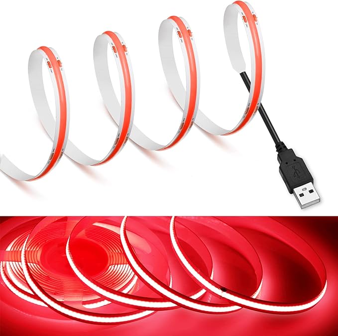 MDee】COB LED Strip Lights Red 16.4ft/5m USB Powered 5V Flexible LED Tape Lights with USB Connector CRI 90+ 800LM/m 320LEDs/m for Indoor and Outdoor Décor（Red,16.4ft/5m）