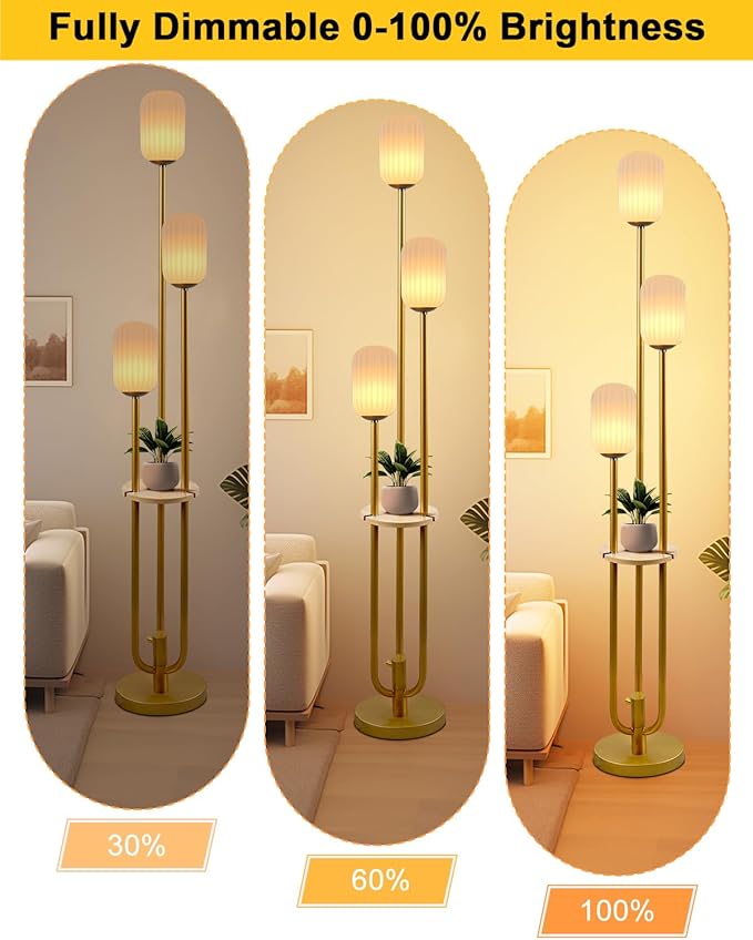 Lightdot Gold Dimmable Floor Lamp with Shelf, Modern Floor Lamps with Oval Striped Lampshade 3000K Bulb Included 3-Lights Candle Holder Style Tall Lamp for Living Room/Bedroom/Sofa Beside/Corner Decor