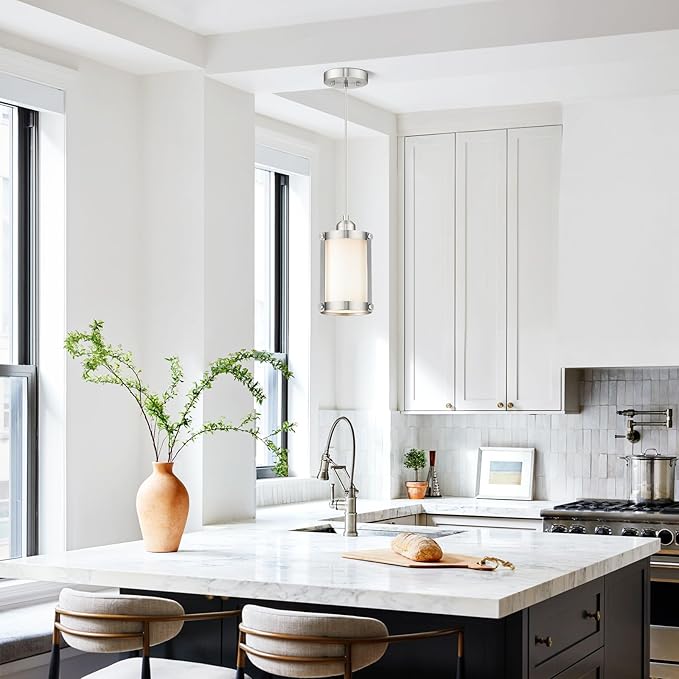 Brushed Nickel Pendant Lights Kitchen Island, 1-Light Modern Mini Hanging Light Fixtures with Milk Glass, Farmhouse Kitchen Pendant Lighting Over Island for Sink, OS-3014-1PBNW