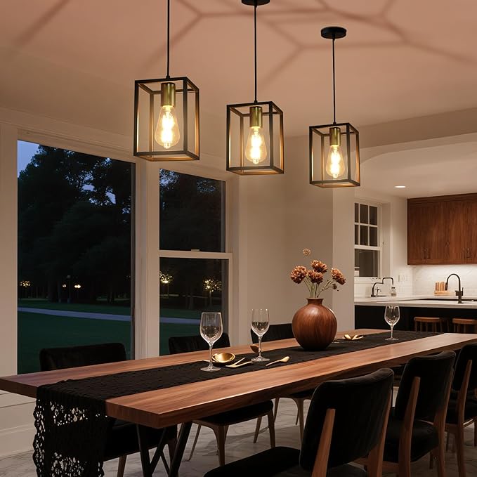 1 Pack Farmhouse Black and Gold Pendant Lights, Hanging Lamps for Living Room Entryway Foyer Indoor, Cage Lantern Kitchen Island Dining Room Light Fixture, Modern Matte Black Industrial Iron Light