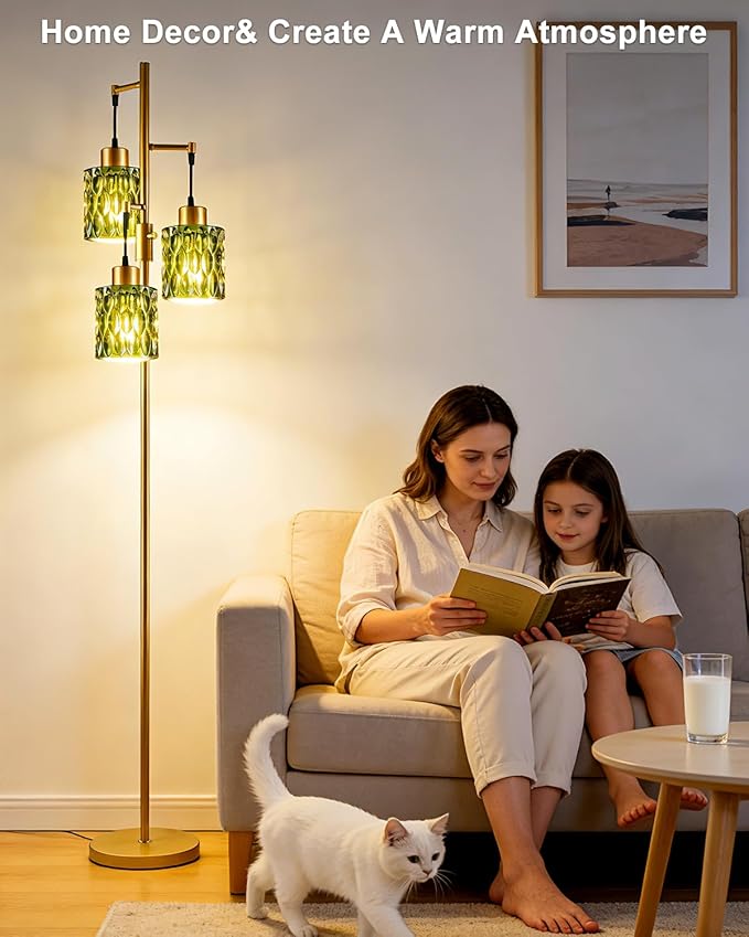 Lightdot 67" 3-Light Glass Floor Lamps for Living Room, Dimmable Floor Lamp with Green Glass Shade& E12 Bulbs Included, Mid Century Standing Tall Lamp for Bedroom/Sofa Beside/Corner Decor-Gold