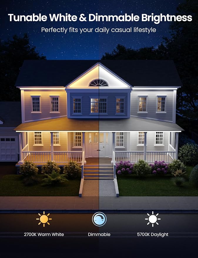 Lepro SW1 AI Smart Outdoor LED Strip Lights - 49.2ft IP65 Waterproof RGBCW Light Strips, 2700K-5700K Tunable Warm White, APP Control(No Remote), 2.4G Wi-Fi Lights for Holiday Decor, House, Porch, Eave