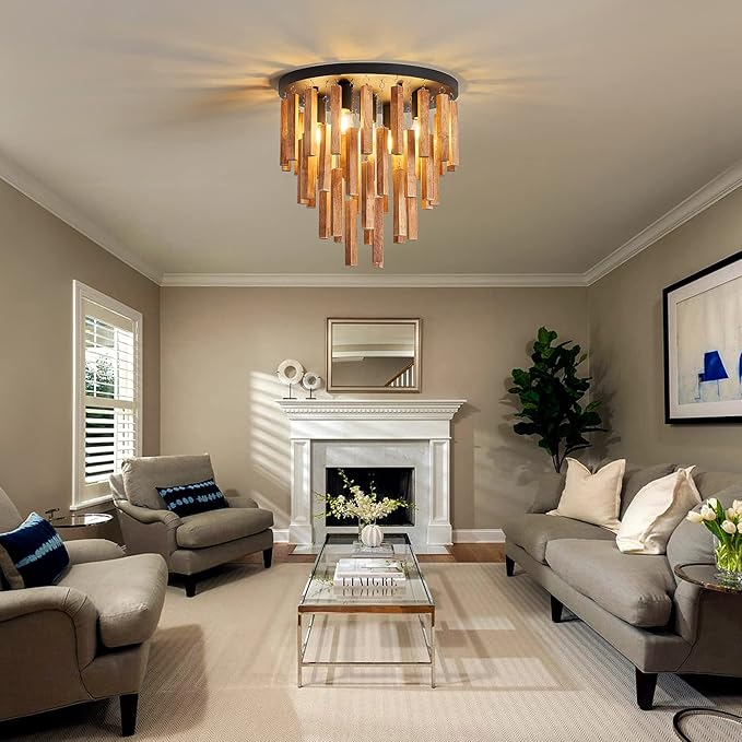 5-Light Semi Flush Mount Ceiling Light Fixture Rustic Wood Chandelier Retro Ceiling lamp Oak and Black with E26 for Farmhouse Kitchen Living Room Entryway Bedroom Dining Room Bathroom.
