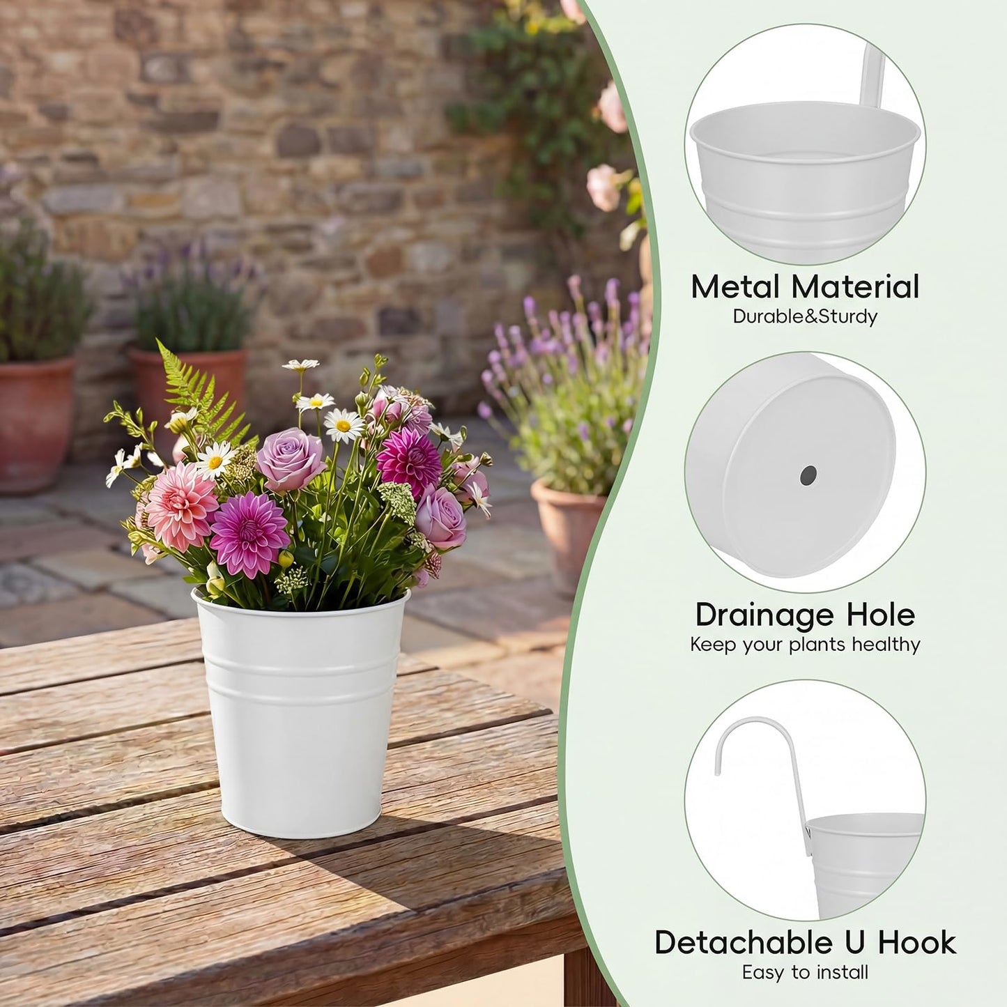 HowRU Hanging Flower Pots, Railing Planter Box for Outdoor Plants 12 Pack 5 Inch Metal Hanging Planters with Detachable Hooks Balcony Window Fence Garden Decoration Flower Boxes, White