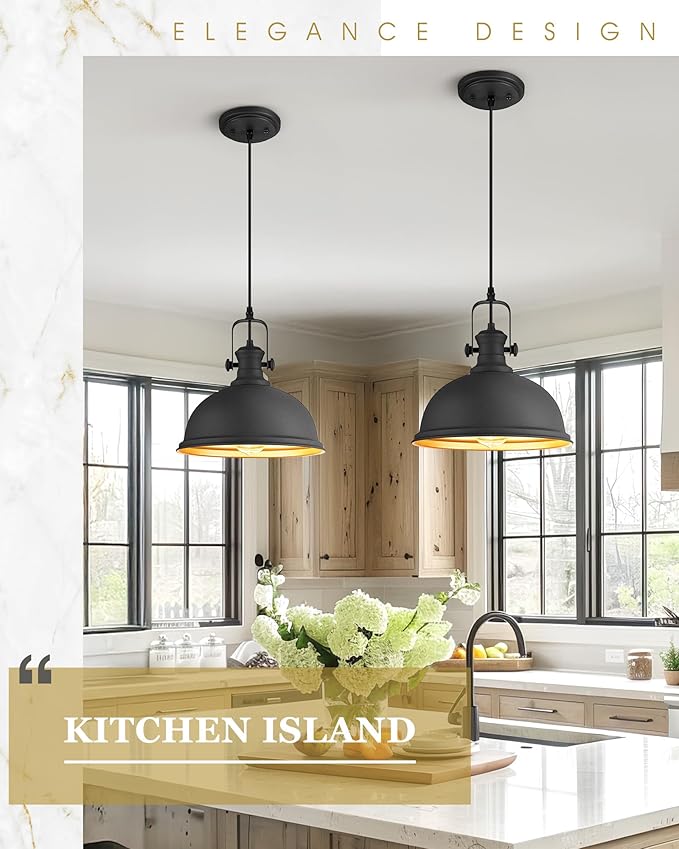 Pendant Lights Kitchen Island, Farmhouse Hanging Lights Fixtures with Metal Shade, Rustic Kitchen Pendant Lighting Over Island for Dining Room, Matte Black, AD-2151-1PL-BK