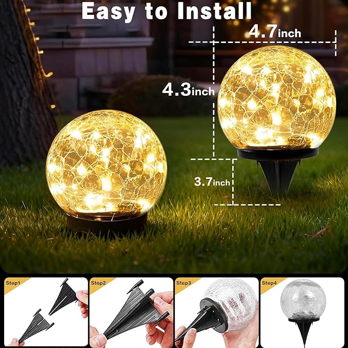 Solar Garden Lights Outdoor Waterproof, 4 Pack Cracked Glass Ball Light, Ground Landscape Garden Decor, Solar Globe Decorative for Pathway/Patio/Lawn/Yard (Warm White, 4.7")