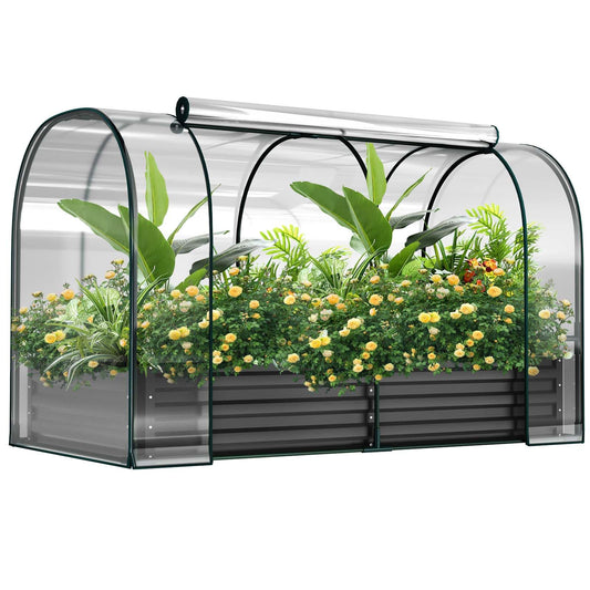DoCred Galvanized Raised Garden Bed with PVC Cover, 72.8" x 37.4" x 47.2" Metal Planter Bottomless Box w/ Roll-Up Window, Mini Greenhouse Tent for Outdoor Growing Vegetables Flower Fruit