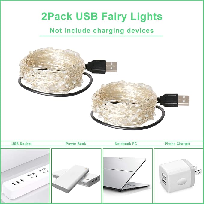 Blingstar USB Powered Fairy Lights, 2 Pack 33Ft 100 LED, Flexible Silver Wire, Mini String Lights for St. Patrick's Day/Halloween/Christmas Tree/Holiday Indoor Decoration, Green
