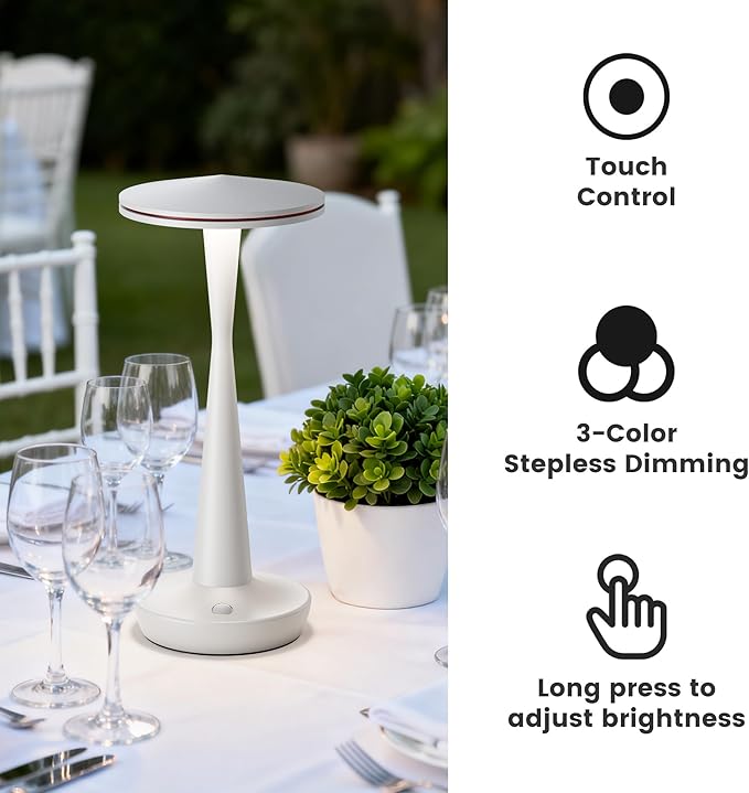 SAKRINGT Rechargeable Cordless Table Lamp, 72Hrs Battery Operated LED Table Light, Portable Touch Dimmable Lamp for Restaurant Patio Dining Outdoor Camping