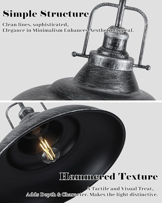 16 Inch Farmhouse Pendant Lights, Black and Silver Pendant Light Kitchen Island, Large Industrial Pendant Lights, Vintage Farmhouse Pendant Light for Kitchen Island, Dining Room (2 Pack)