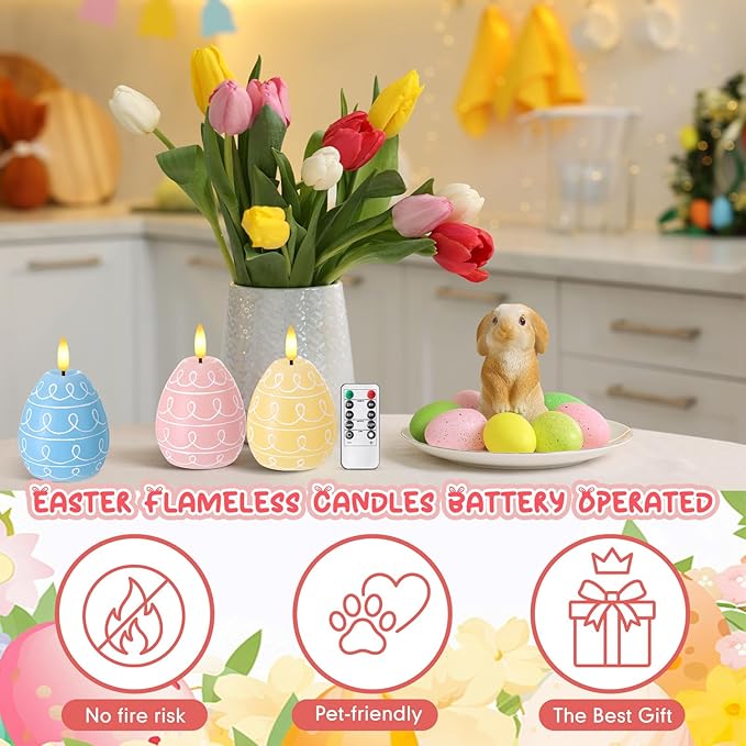 Baquler 3 Pcs Easter Egg Flameless Candles with Timer Egg Shape LED Candle Real Wax Battery Operated Flickering LED Candles Gift No Battery for Easter Party Living Room Home Decor (3 Color)