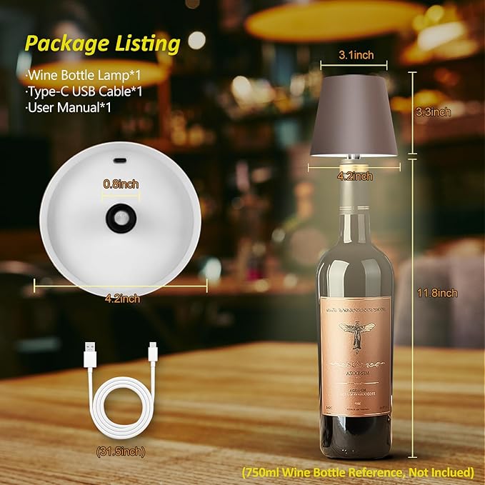 2025 New Wireless Bottle Lamp - LED Bottle Lights for Liquor & Wine Bottles, Cordless Lampshade, Whiskey Bottle Top Light, Bottle Stopper Night Light Kit, Rechargeable 3-Tone Touch-Dimmable