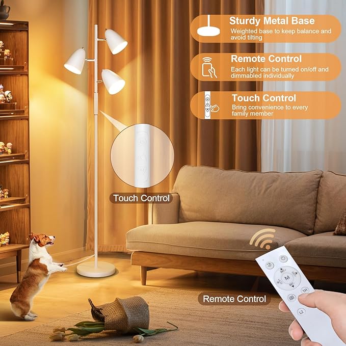 QiMH LED Floor Lamp for Living Room, Modern Dimmable Standing Lamp with 4 Color Temperature,Remote and Touch Control, Tree Floor Lamp for Bedroom with 3 Rotatable Lights Bright Stand up Lamp, White