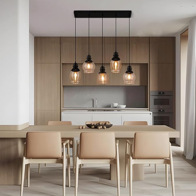 WILON Pendant Lights Kitchen Island, 5-Light Dining Room Light Fixture with Seeded Glass Shade, Farmhouse Chandeliers for Dining Room Matte Black Finish Hanging Linear Chandeliers for Kitchen Island