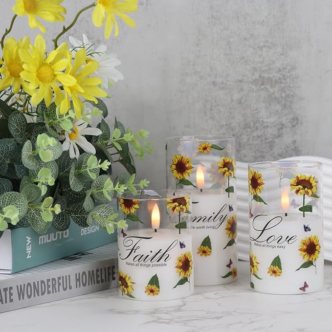 DRomance Sunflower Glass Flameless Candles with Remote Timer Battery Operated LED Pillar Candles Real Wax 3D Wick Flickering Warm Light Wedding Dinner Holiday Spring Candle 3 x 4,5,6 Inches