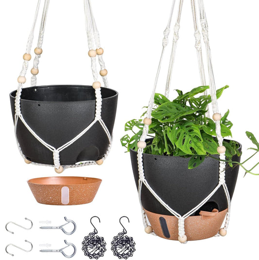 Fielda 10 Inch Hanging Planters for Indoor Plants, 2 Pack Self Watering Hanging Baskets Flower Pots with Drainage Hole, Visual Reservoir & 2 Kinds of Plant Hanger for Outdoor Garden Home Decor（Black）