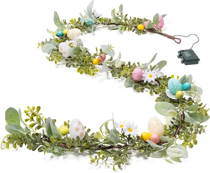 6FT Prelit Easter Garland with LED Lights & Timer, Battery Operated Easter Decorations with Daisies & Pastel Eggs, Artificial Lambs Ear Greenery for Mantle & Fireplace – Farmhouse Easter Egg Garland