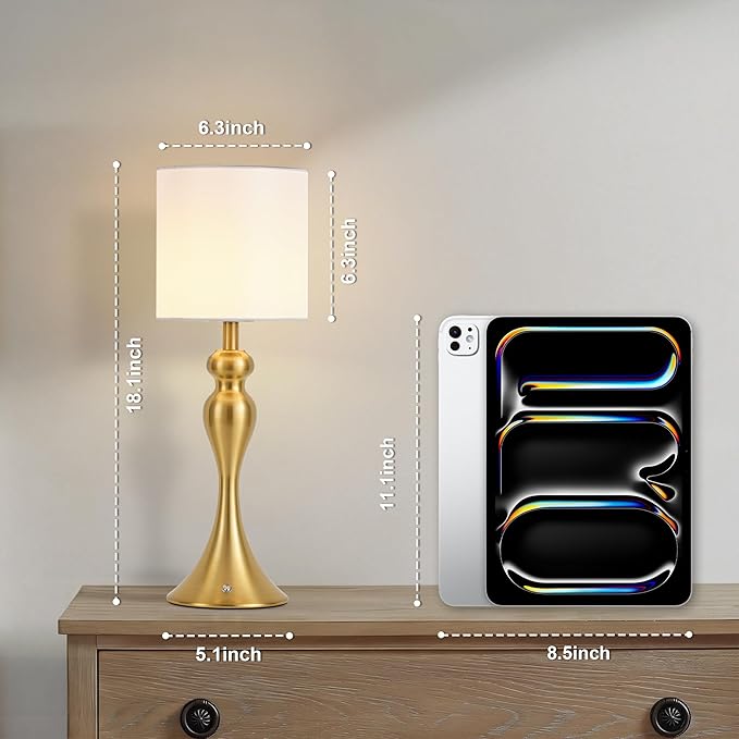 Table Lamp for Bedroom, Cordless Bedside Lamps for Living Room, Touch 3-Way Dimmable Desk Lamp for Night Stands, Rechargeable, Battery Operated Lamp with Fabric Shade for Dorm, Home Office (Brass)