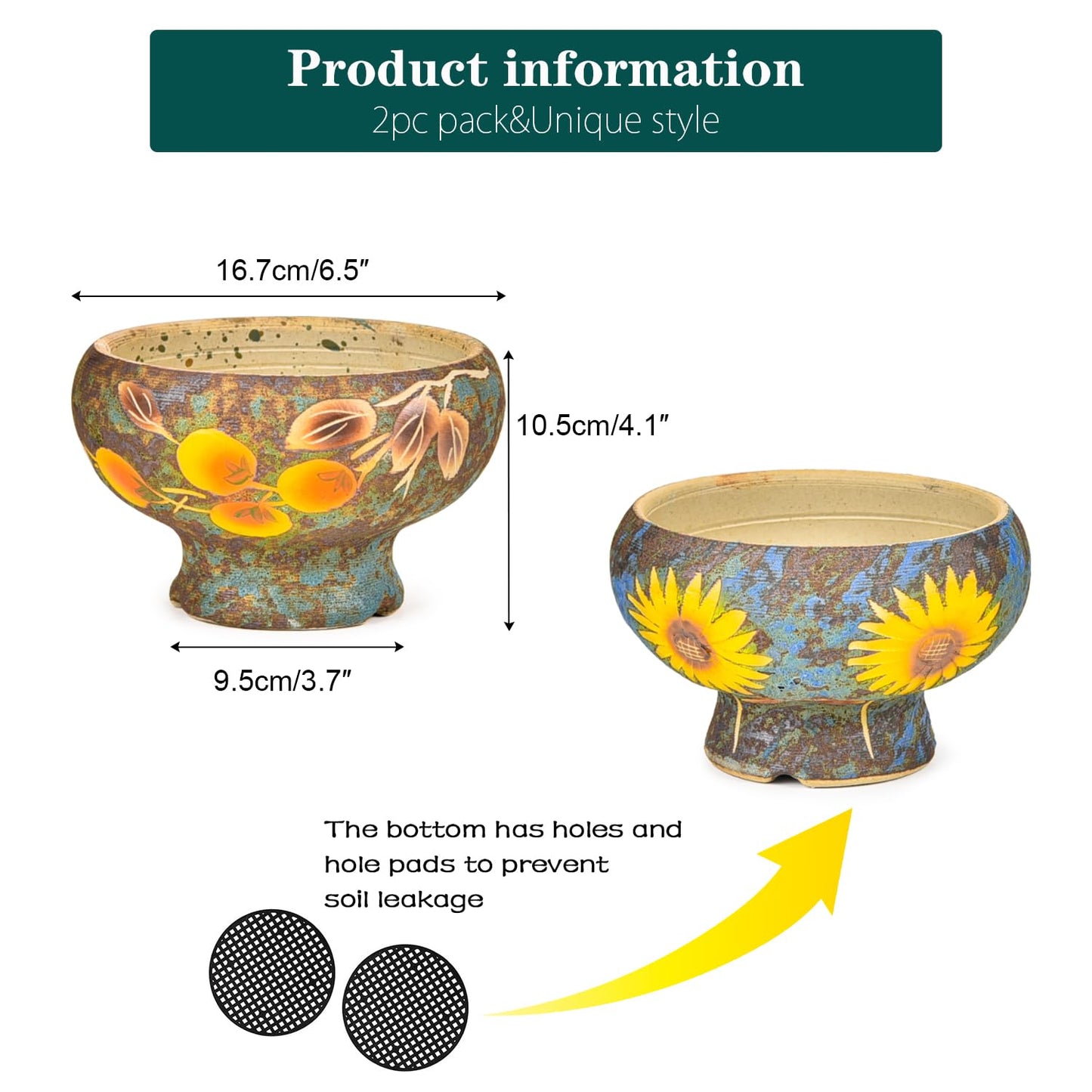 Sungmor Small Succulent Planters Set of 2, Beautiful Hand Crafted Ceramic Plant Pots Cute Cactus Pot, 6.5 Inch Flower Pots for Indoor Plants with Drainage, Desktop Windowsill Home Office Decor Pots