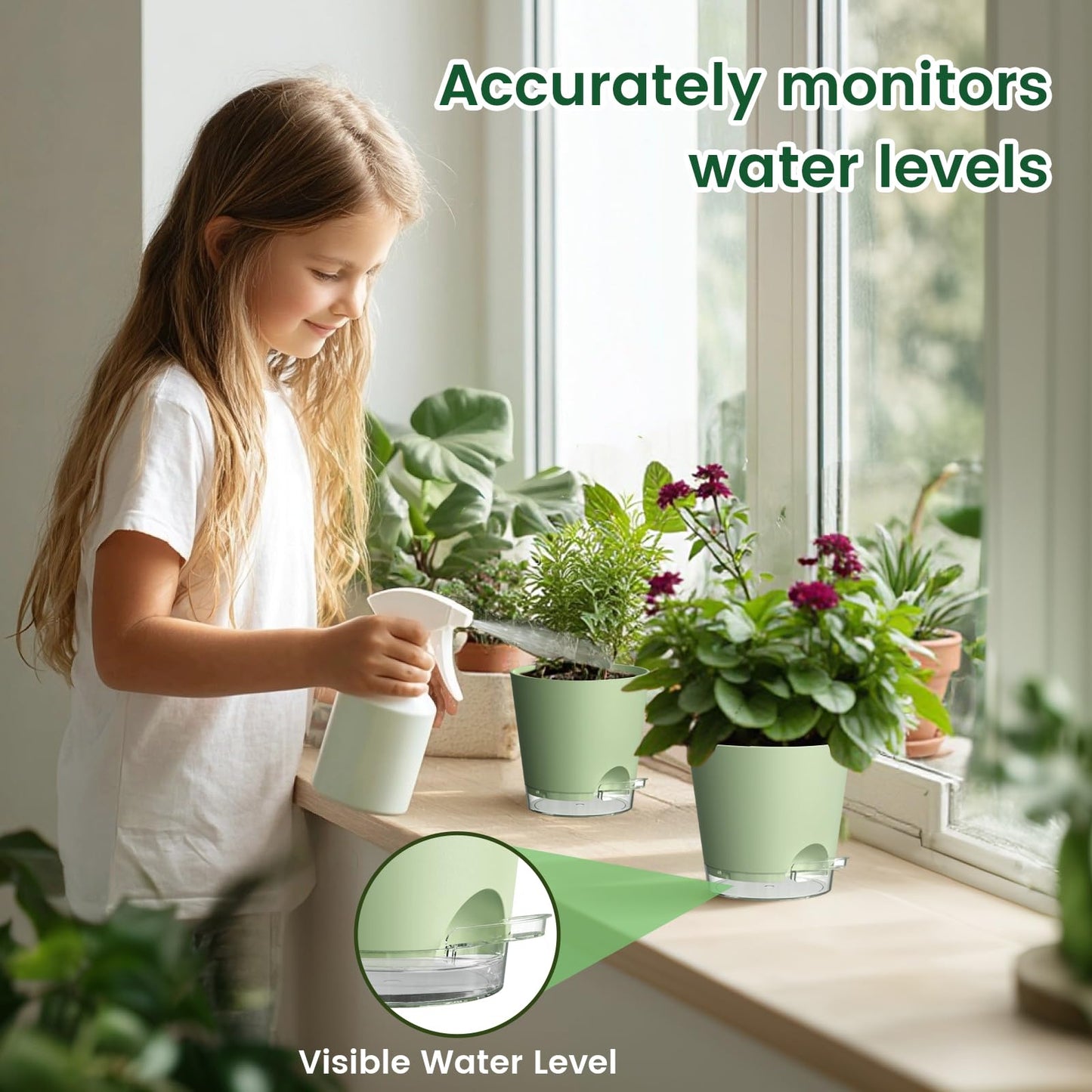 Meowell 4 inch Self Watering Pots for Indoor Plants, 5 Pack Small Flower Plant Pots with Drainage Holes and Clear Reservoirs, Visible Water Level, Plastic Planters with Wicking Rope, Green