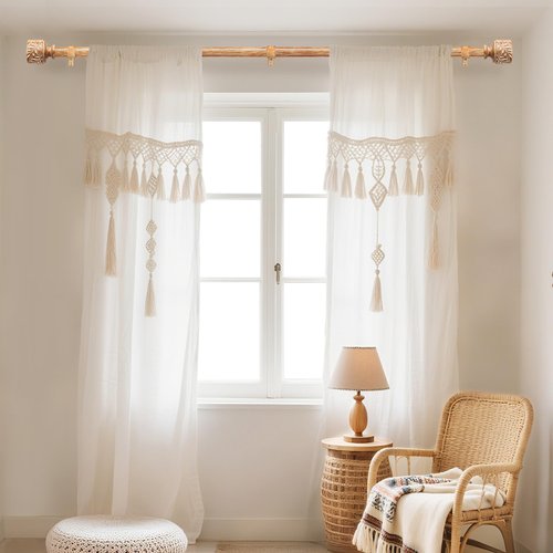 Boho Wood Curtain Rods for Windows 48 to 84 Inch, 1" Diameter Adjustable Heavy Duty Curtain Rod with Imitation Wooden Grain Leaf Pattern Finials, Rustic Decorative Drapery Rods, Size 32"-90"