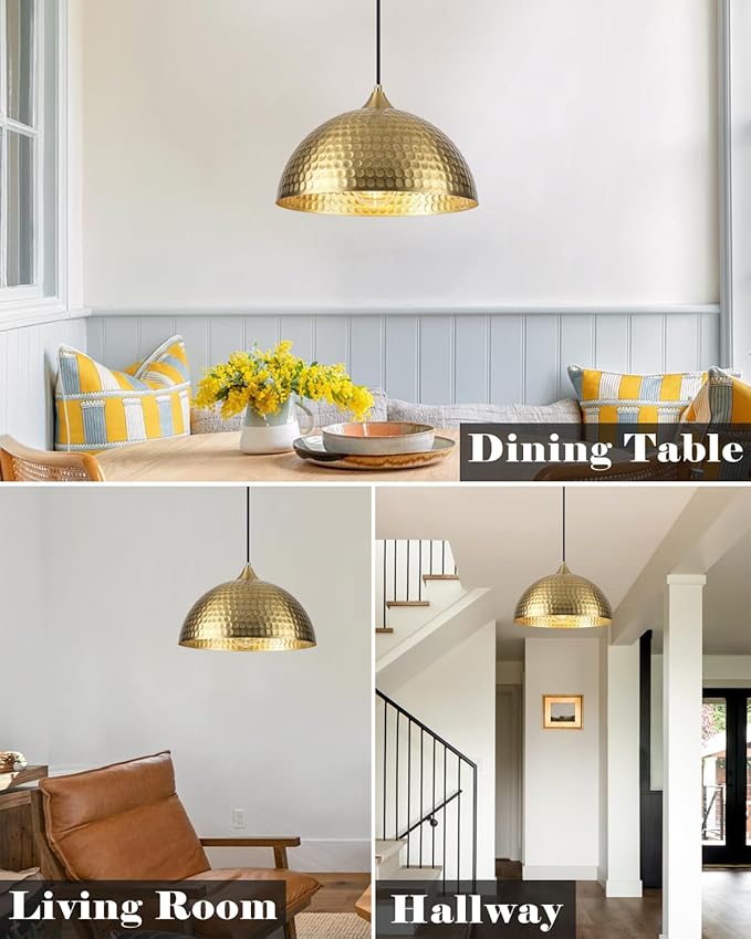 HLOHATAL Hammered Dome Pendant Light 1 Pack, Gold Dome Pendant Light, 12 Inch Metal Industrial Pendant Lights, Kitchen Island Pendant Lights for Kitchen, Dining Room, Bar