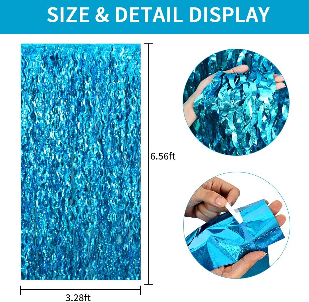 TONIFUL Wavy Metallic Tinsel Foil Fringe Curtains - Teal Blue Backdrop for Parties & Photo Booths (6.6ft x 6.6ft)
